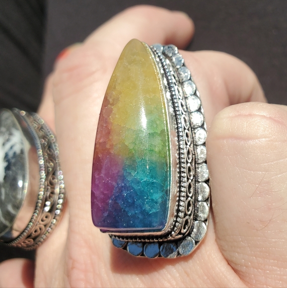 New Oversized Rainbow Solar Agate Quartz 925 Silver Statement Ring. - Picture 12 of 16